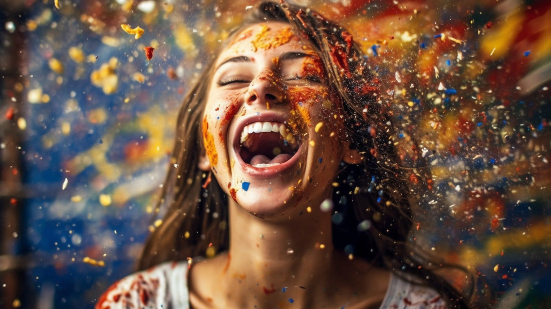 Happy Hormones: Woman is overjoyed and exploding in colors.