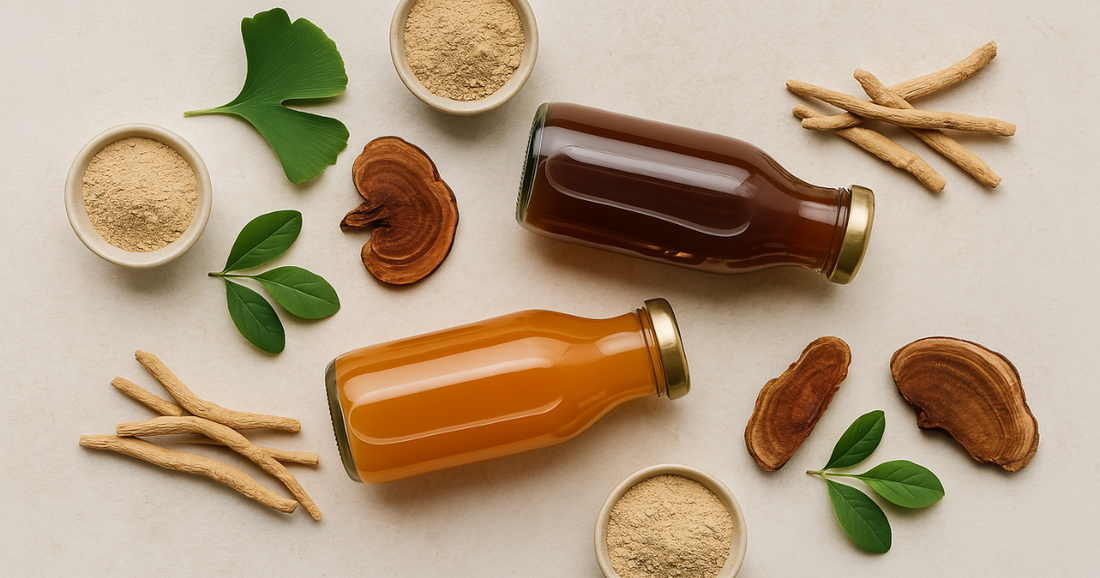 Adaptogen drinks with ashwagandha, maca root, and reishi mushrooms for natural wellness
