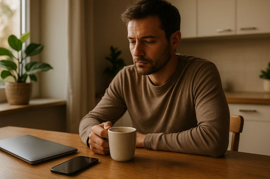 Man in his 30s sitting at a kitchen table in soft morning light, reflecting quietly with a cup of tea, phone face down, and laptop closed — symbolizing a shift from overstimulation to calm.