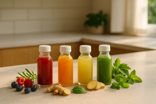Wellness shots on a kitchen counter made with natural ingredients like berries and herbs