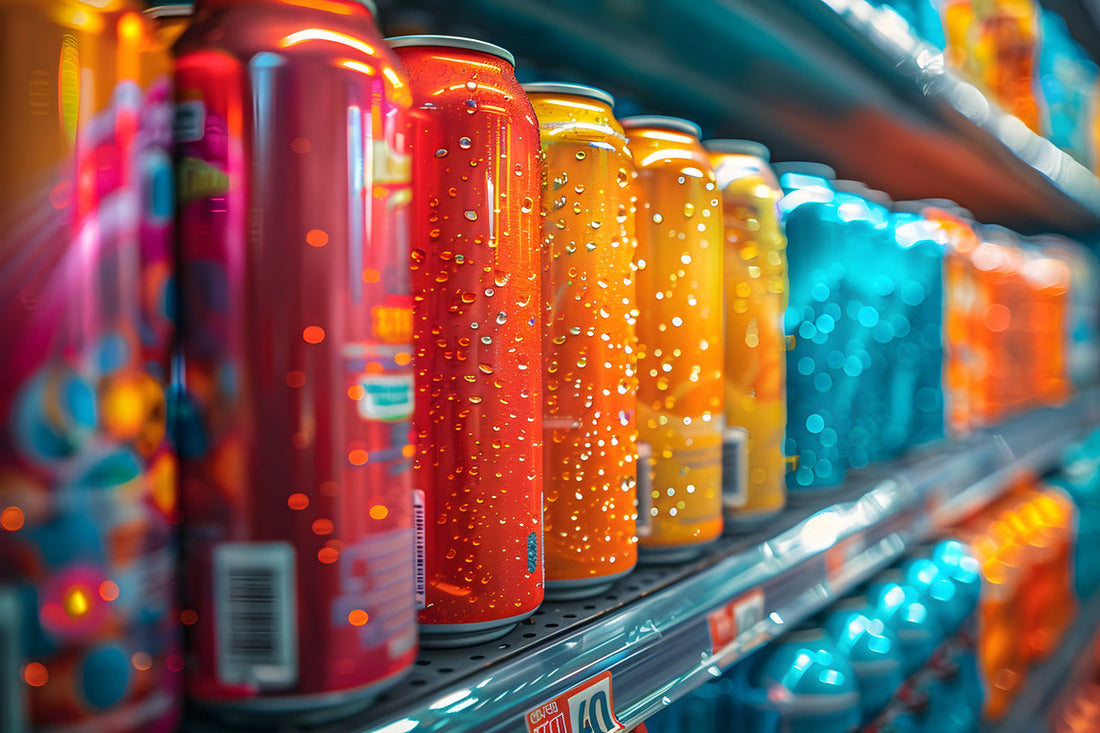 A store shelf stocked with colorful energy drink cans, emphasizing their popularity while raising the question: Why are energy drinks bad for you?