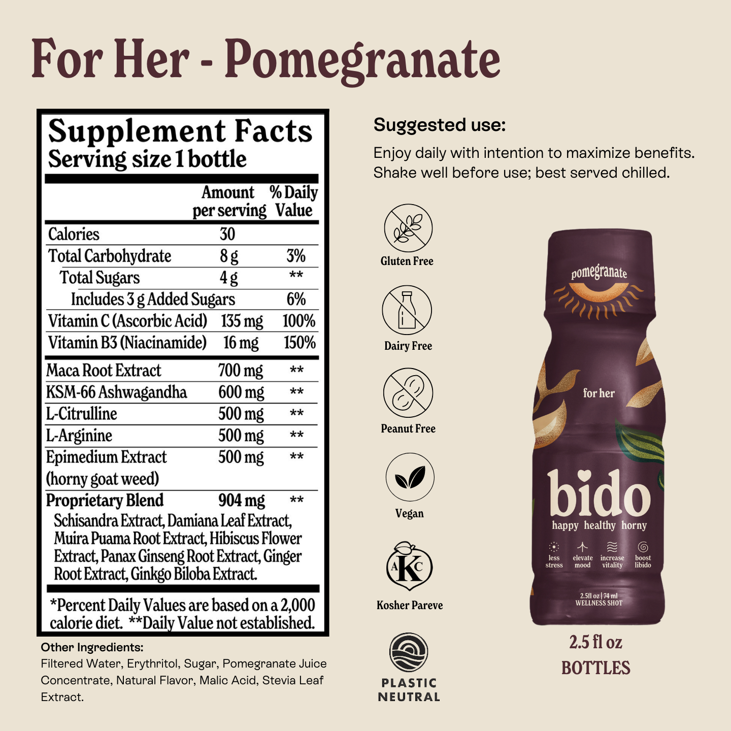 Label for a pomegranate dietary supplement with nutrition facts and certifications such as Gluten Free and Vegan.