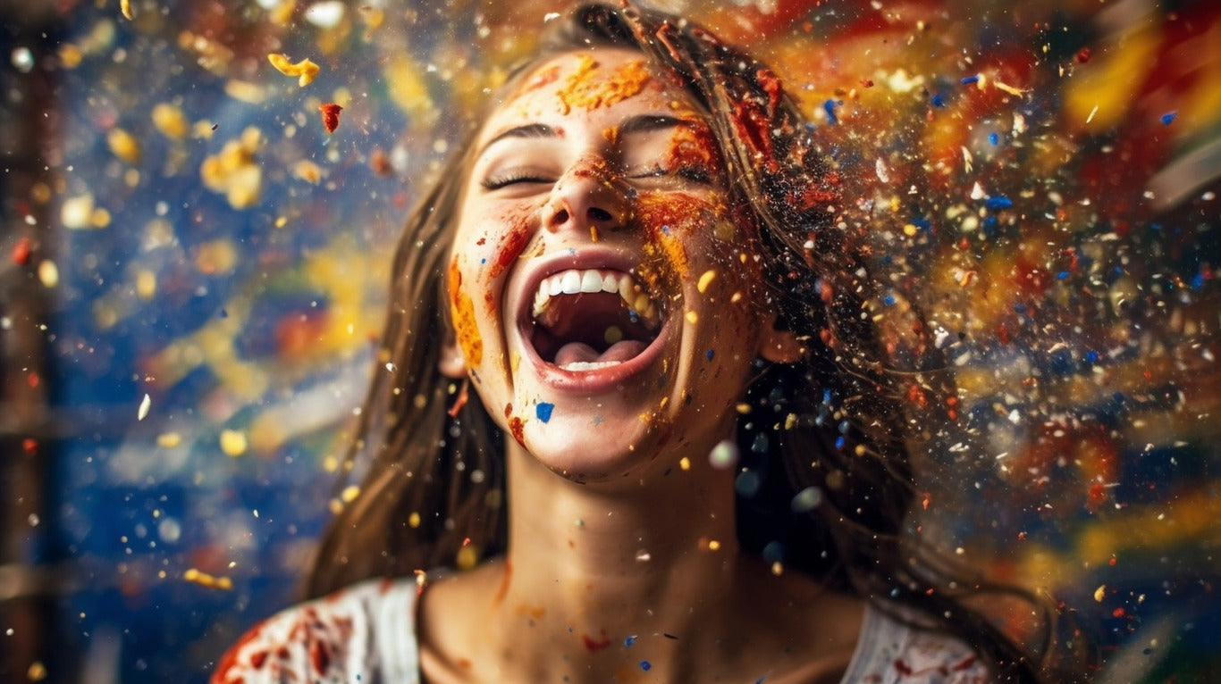 Happy Hormones: Woman is overjoyed and exploding in colors. 