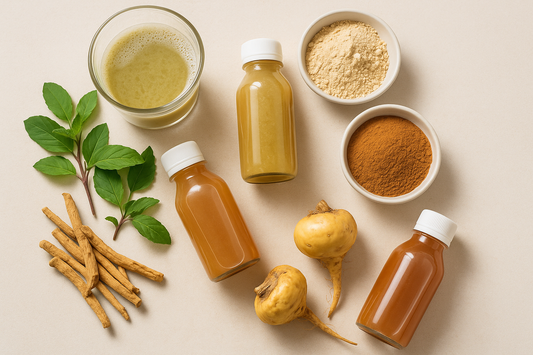 adaptogenic drinks and herbal ingredients like ashwagandha and maca root for daily wellness.