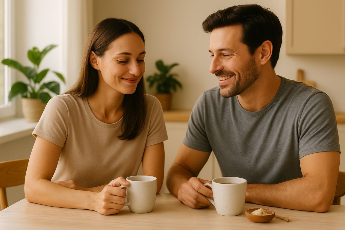 A couple sharing a quiet morning moment at the kitchen table, representing emotional connection and daily habits that support energy, mood, and libido.
