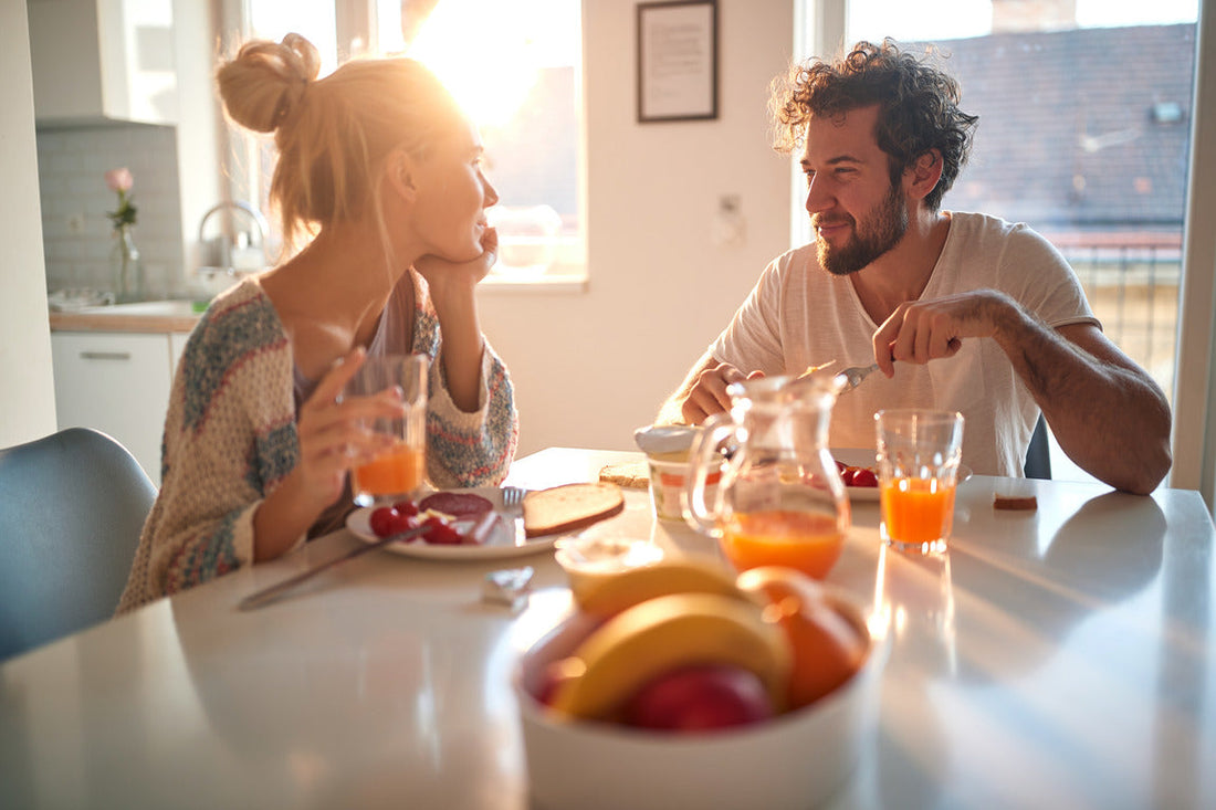 A couple enjoying a calm morning together, reflecting healthy communication in relationships and emotional balance