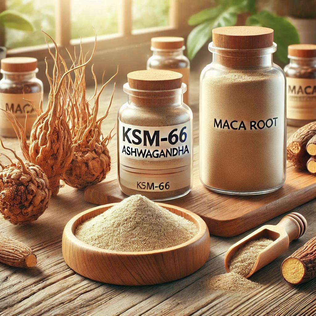 KSM-66 ashwagandha roots and maca root alongside their powdered forms, displayed on a clean wooden surface, highlighting their natural and earthy appearance used for health and wellness benefits.