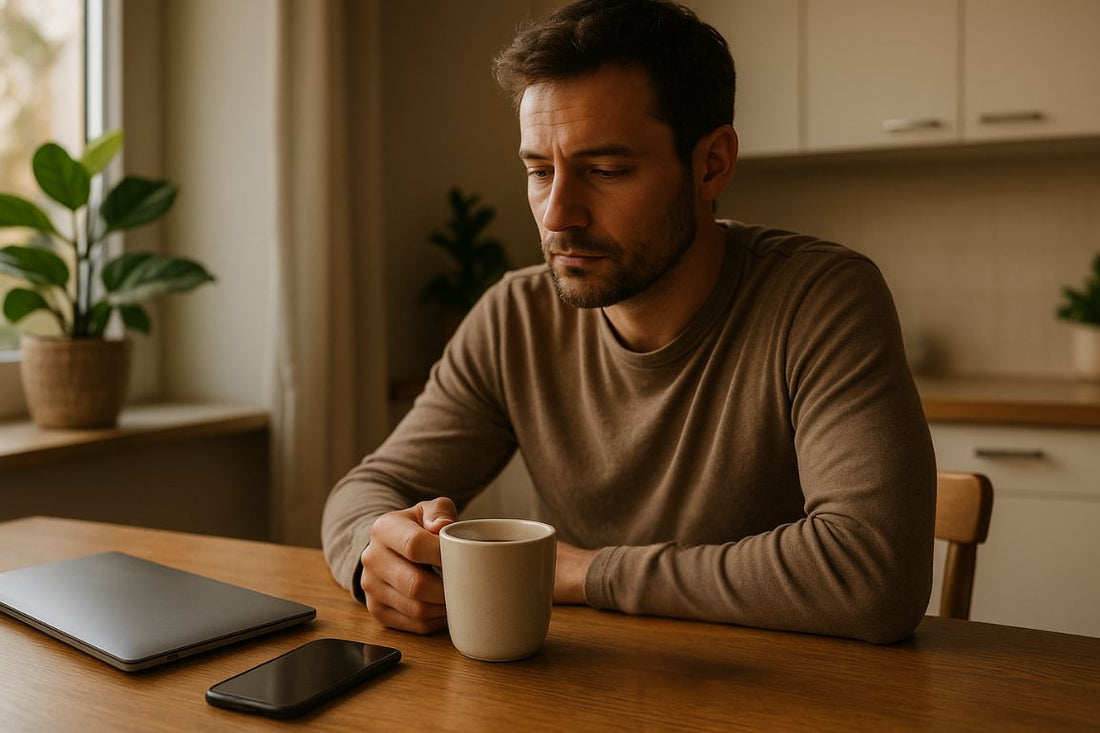 Man in his 30s sitting at a kitchen table in soft morning light, reflecting quietly with a cup of tea, phone face down, and laptop closed — symbolizing a shift from overstimulation to calm.