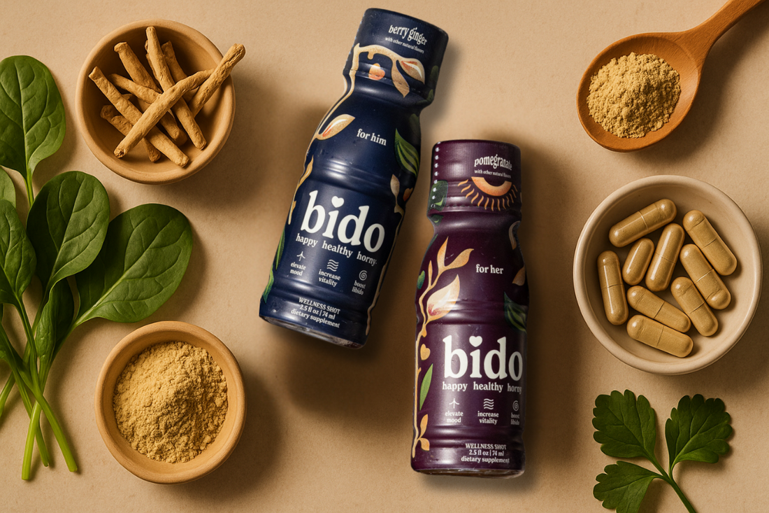 Flat lay of natural libido supplements and adaptogens for men and women including herbs and vitamins