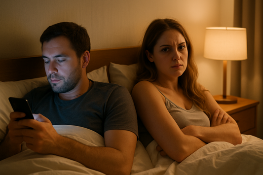 Couple in bed, woman frustrated as man looks at phone—'not in the mood' moment. 