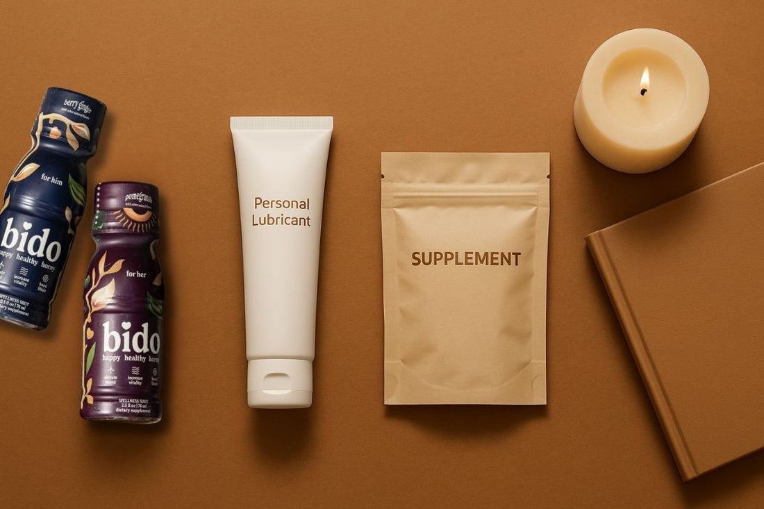 Flat lay of intimate products representing sexual wellness and emotional well-being