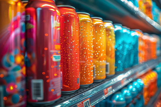 A store shelf stocked with colorful energy drink cans, emphasizing their popularity while raising the question: Why are energy drinks bad for you? 